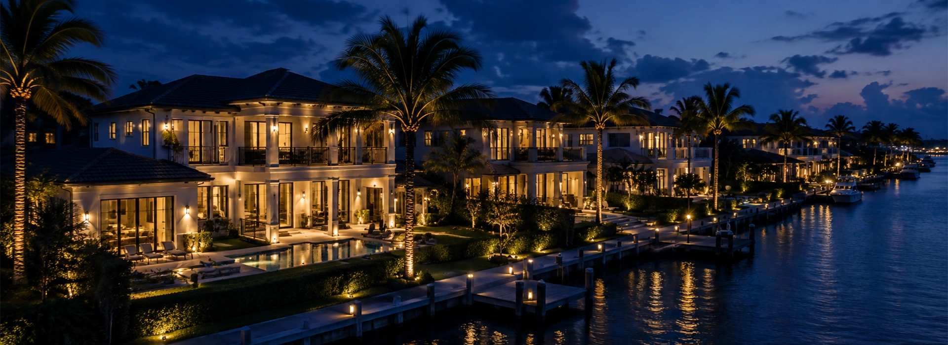 Palm-lined waterfront homes illuminated at dusk
